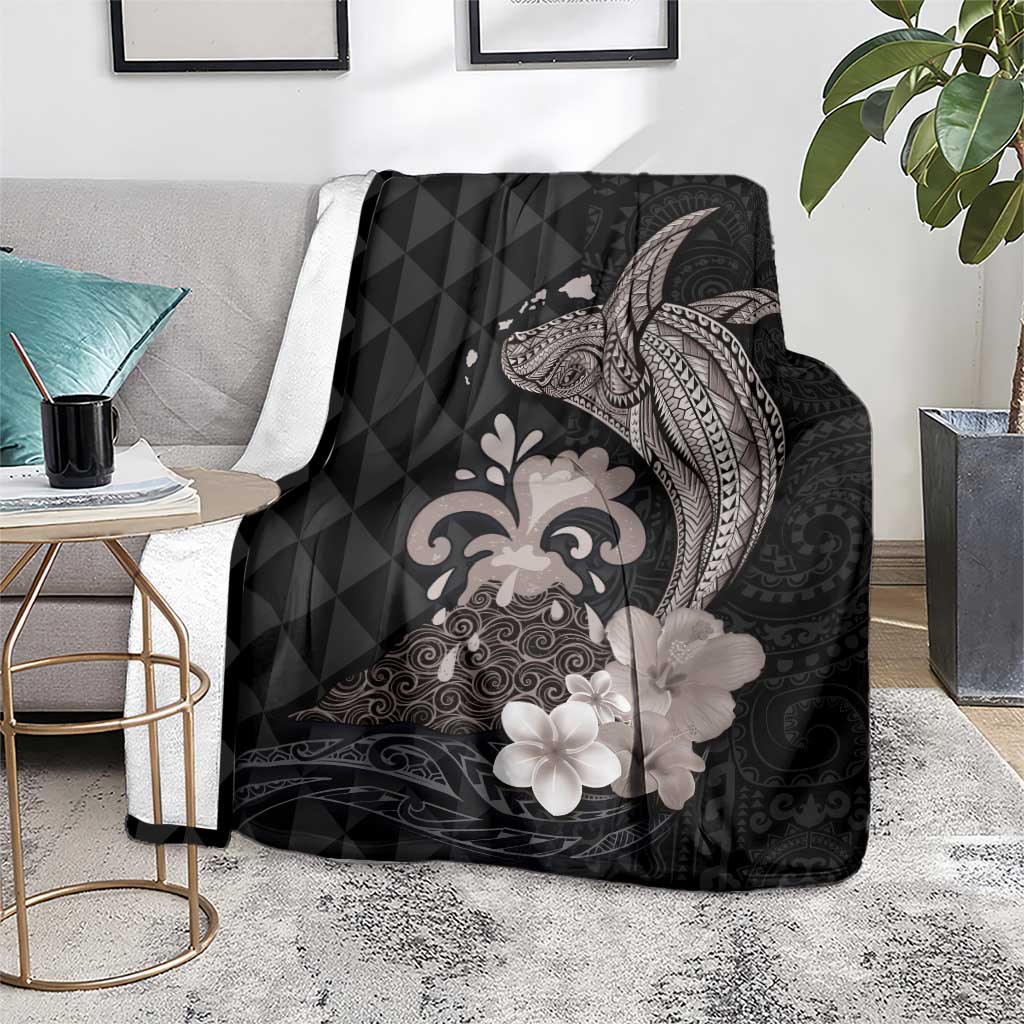 Hawaiian Whale and Volcanic Eruption Blanket Hibiscus and Kakau Pattern Grayscale Color LT03 - Polynesian Pride