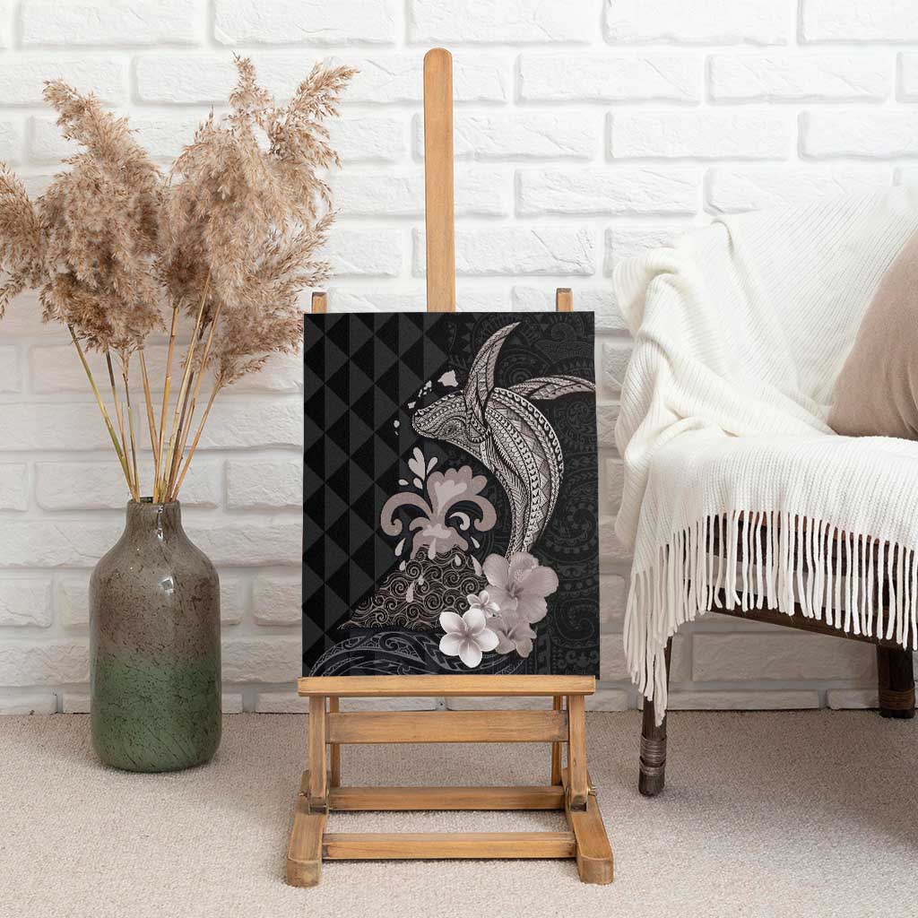 Hawaiian Whale and Volcanic Eruption Canvas Wall Art Hibiscus and Kakau Pattern Grayscale Color