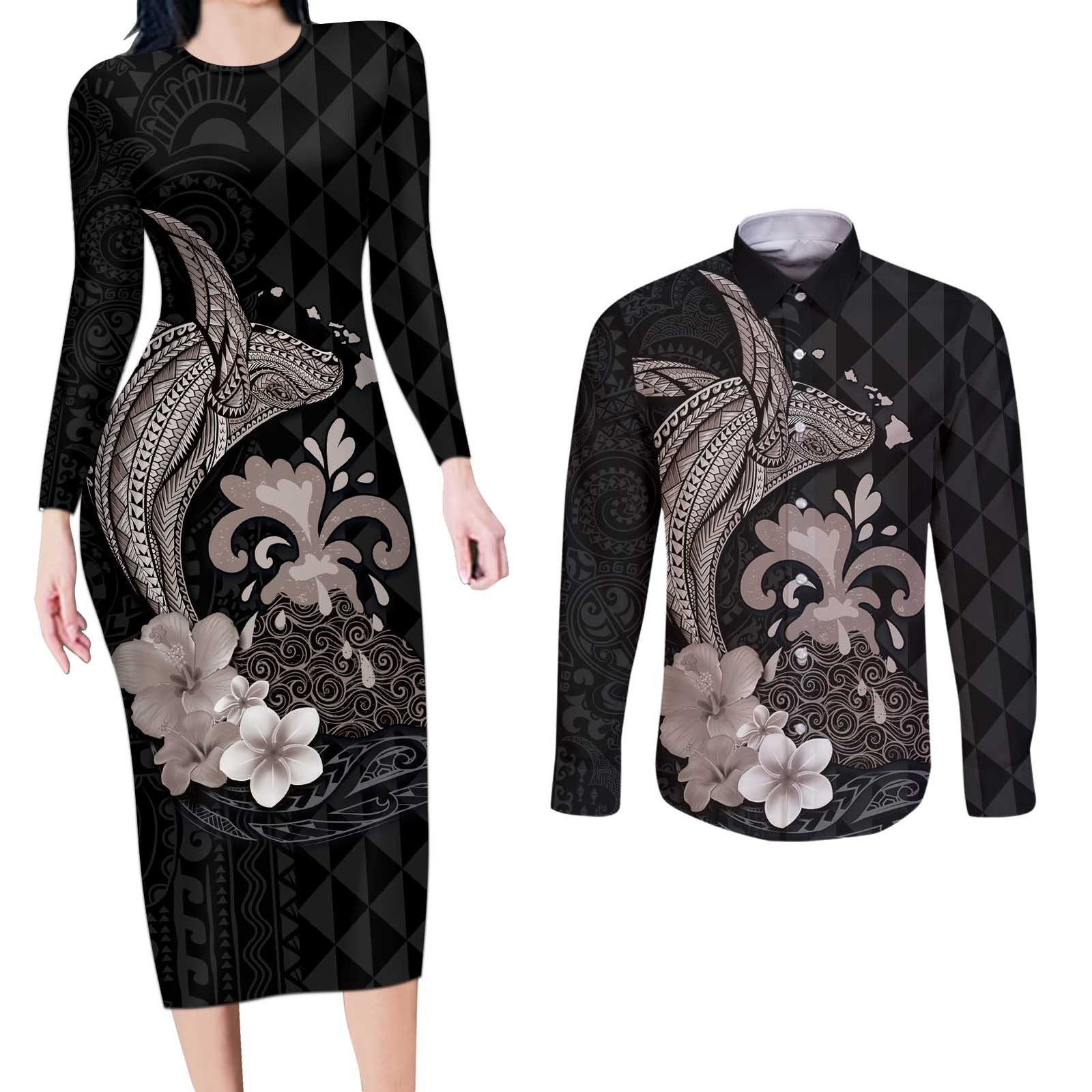 Hawaiian Whale and Volcanic Eruption Couples Matching Long Sleeve Bodycon Dress and Long Sleeve Button Shirt Hibiscus and Kakau Pattern Grayscale Color LT03 Black - Polynesian Pride