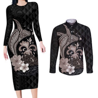 Hawaiian Whale and Volcanic Eruption Couples Matching Long Sleeve Bodycon Dress and Long Sleeve Button Shirt Hibiscus and Kakau Pattern Grayscale Color