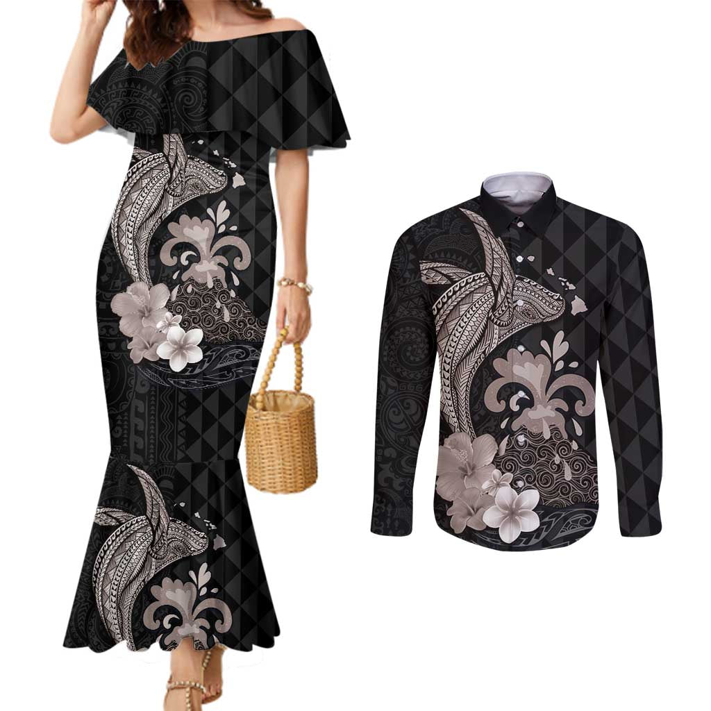 Hawaiian Whale and Volcanic Eruption Couples Matching Mermaid Dress and Long Sleeve Button Shirt Hibiscus and Kakau Pattern Grayscale Color LT03 Black - Polynesian Pride