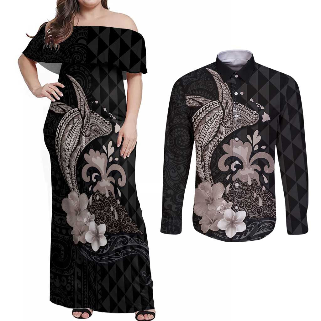 Hawaiian Whale and Volcanic Eruption Couples Matching Off Shoulder Maxi Dress and Long Sleeve Button Shirt Hibiscus and Kakau Pattern Grayscale Color LT03 Black - Polynesian Pride