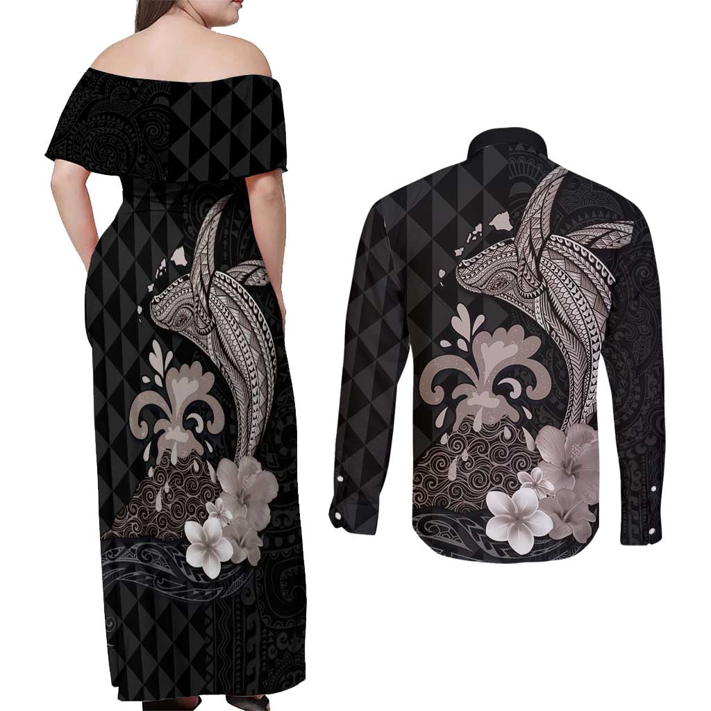 Hawaiian Whale and Volcanic Eruption Couples Matching Off Shoulder Maxi Dress and Long Sleeve Button Shirt Hibiscus and Kakau Pattern Grayscale Color