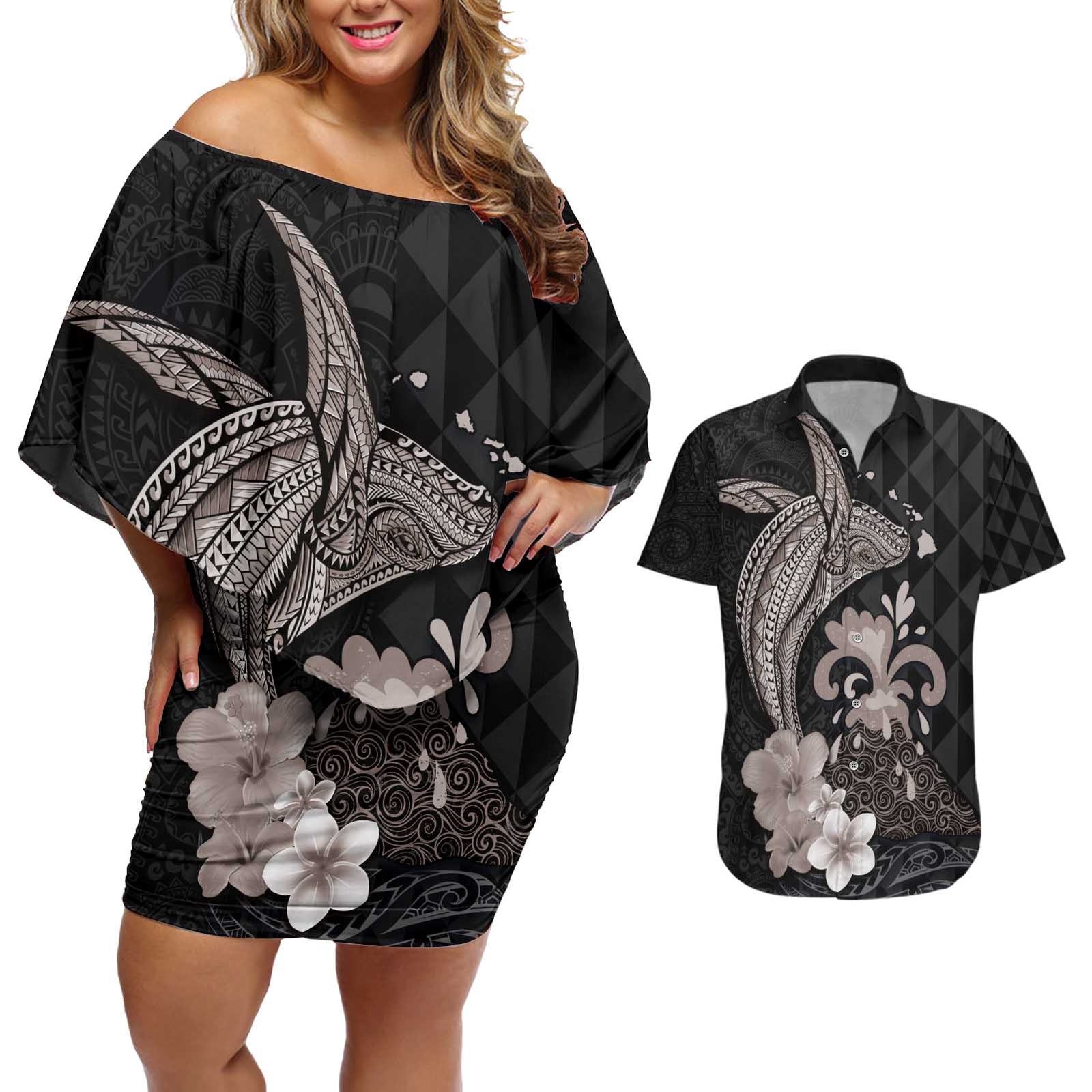 Hawaiian Whale and Volcanic Eruption Couples Matching Off Shoulder Short Dress and Hawaiian Shirt Hibiscus and Kakau Pattern Grayscale Color LT03 Black - Polynesian Pride