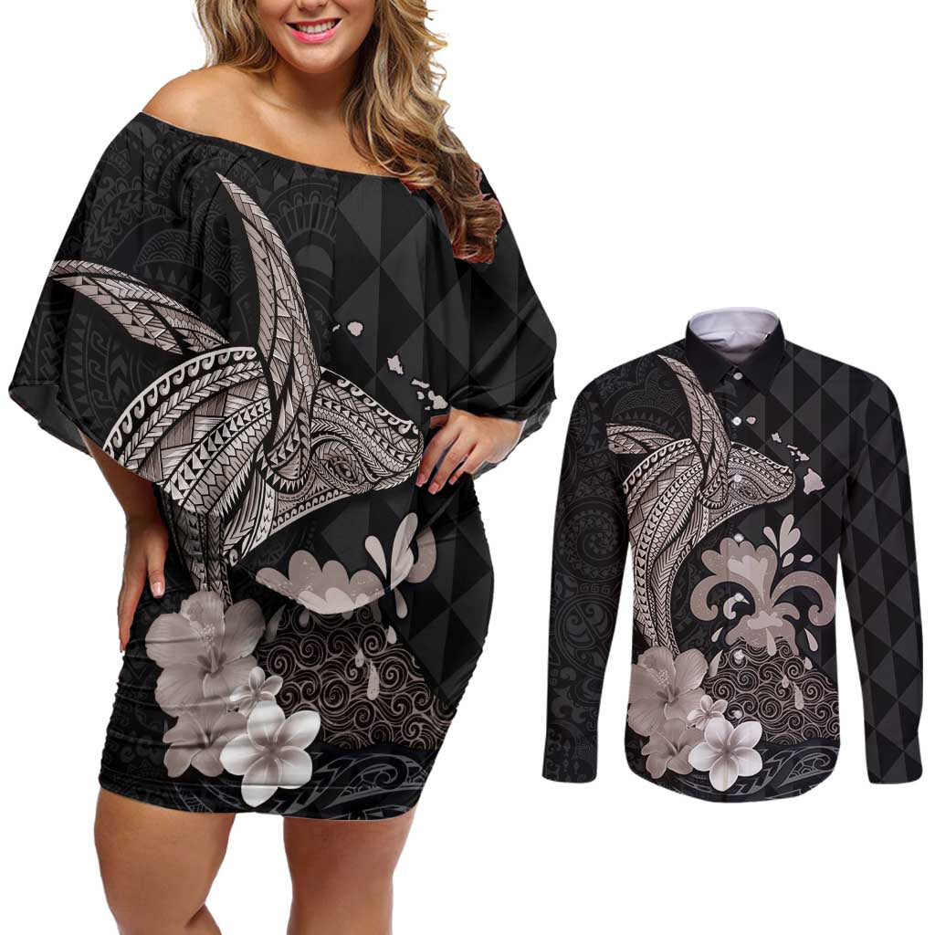 Hawaiian Whale and Volcanic Eruption Couples Matching Off Shoulder Short Dress and Long Sleeve Button Shirt Hibiscus and Kakau Pattern Grayscale Color