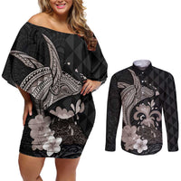 Hawaiian Whale and Volcanic Eruption Couples Matching Off Shoulder Short Dress and Long Sleeve Button Shirt Hibiscus and Kakau Pattern Grayscale Color