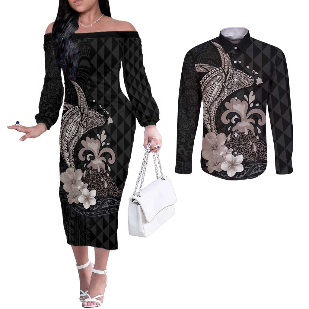 Hawaiian Whale and Volcanic Eruption Couples Matching Off The Shoulder Long Sleeve Dress and Long Sleeve Button Shirt Hibiscus and Kakau Pattern Grayscale Color LT03 Black - Polynesian Pride