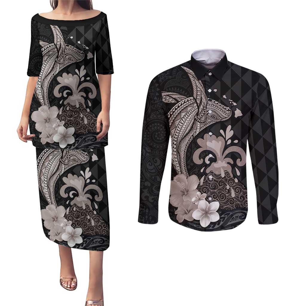 Hawaiian Whale and Volcanic Eruption Couples Matching Puletasi and Long Sleeve Button Shirt Hibiscus and Kakau Pattern Grayscale Color LT03 Black - Polynesian Pride