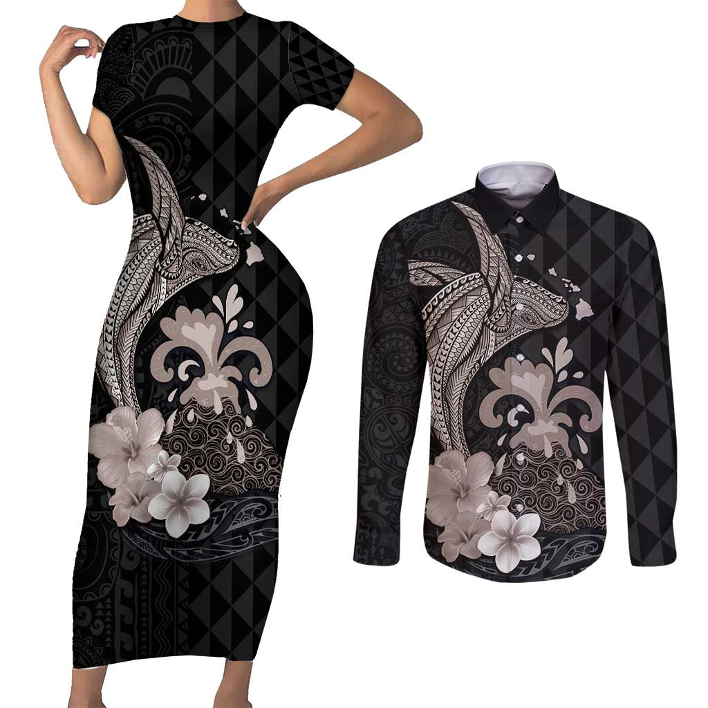 Hawaiian Whale and Volcanic Eruption Couples Matching Short Sleeve Bodycon Dress and Long Sleeve Button Shirt Hibiscus and Kakau Pattern Grayscale Color LT03 Black - Polynesian Pride