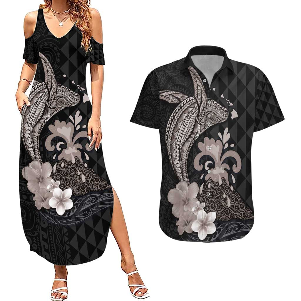 Hawaiian Whale and Volcanic Eruption Couples Matching Summer Maxi Dress and Hawaiian Shirt Hibiscus and Kakau Pattern Grayscale Color LT03 Black - Polynesian Pride