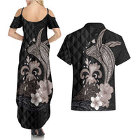 Hawaiian Whale and Volcanic Eruption Couples Matching Summer Maxi Dress and Hawaiian Shirt Hibiscus and Kakau Pattern Grayscale Color