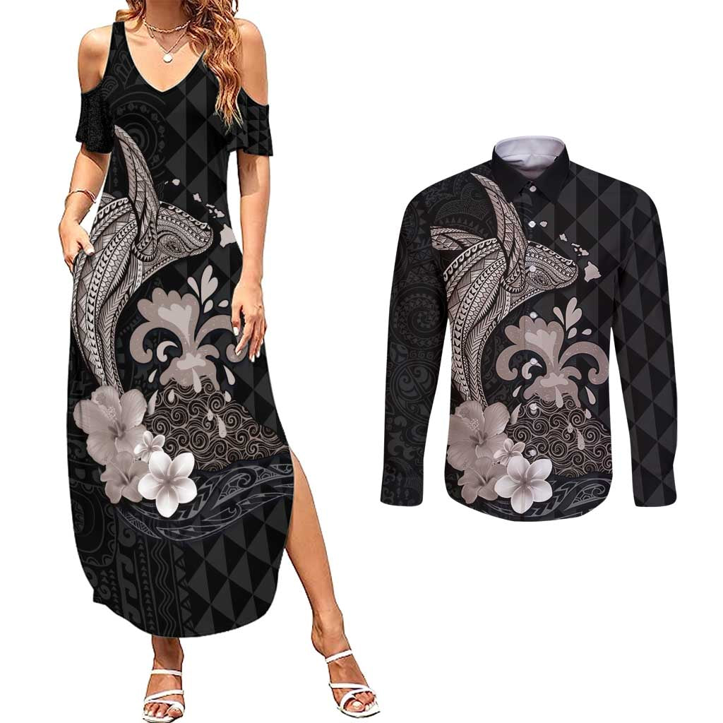 Hawaiian Whale and Volcanic Eruption Couples Matching Summer Maxi Dress and Long Sleeve Button Shirt Hibiscus and Kakau Pattern Grayscale Color LT03 Black - Polynesian Pride