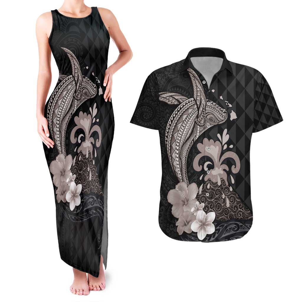 Hawaiian Whale and Volcanic Eruption Couples Matching Tank Maxi Dress and Hawaiian Shirt Hibiscus and Kakau Pattern Grayscale Color LT03 Black - Polynesian Pride