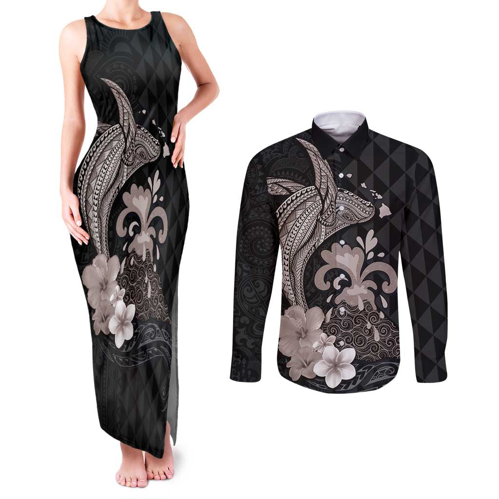 Hawaiian Whale and Volcanic Eruption Couples Matching Tank Maxi Dress and Long Sleeve Button Shirt Hibiscus and Kakau Pattern Grayscale Color LT03 Black - Polynesian Pride