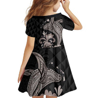 Hawaiian Whale and Volcanic Eruption Family Matching Mermaid Dress and Hawaiian Shirt Hibiscus and Kakau Pattern Grayscale Color LT03 - Polynesian Pride