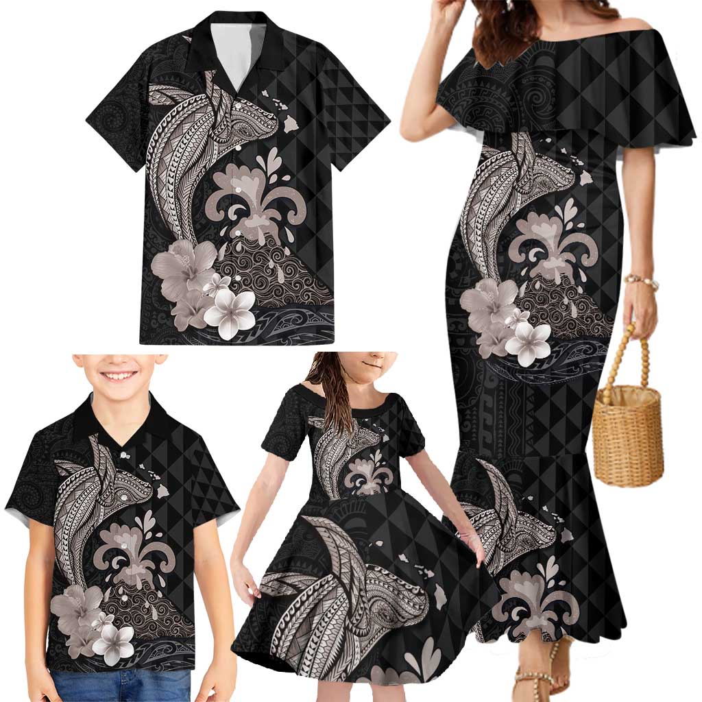 Hawaiian Whale and Volcanic Eruption Family Matching Mermaid Dress and Hawaiian Shirt Hibiscus and Kakau Pattern Grayscale Color LT03 - Polynesian Pride