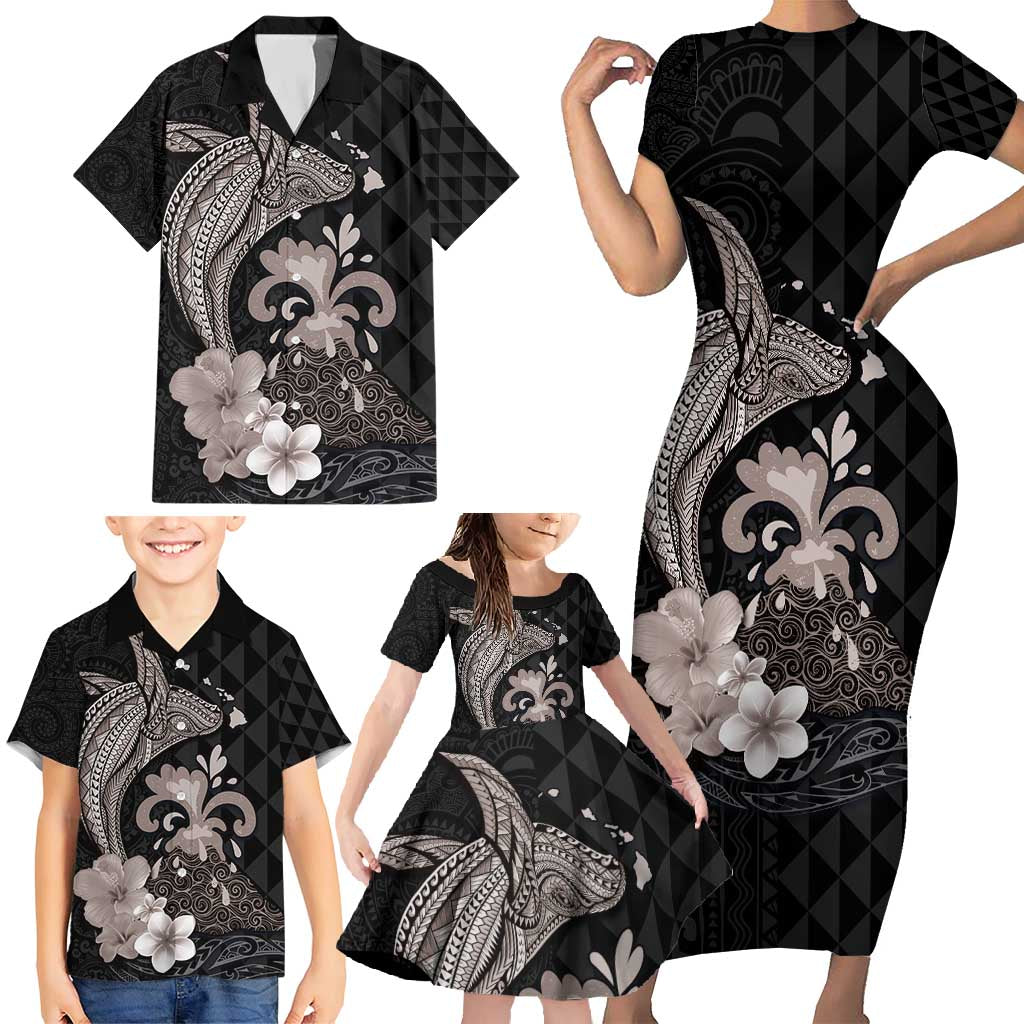 Hawaiian Whale and Volcanic Eruption Family Matching Short Sleeve Bodycon Dress and Hawaiian Shirt Hibiscus and Kakau Pattern Grayscale Color LT03 - Polynesian Pride