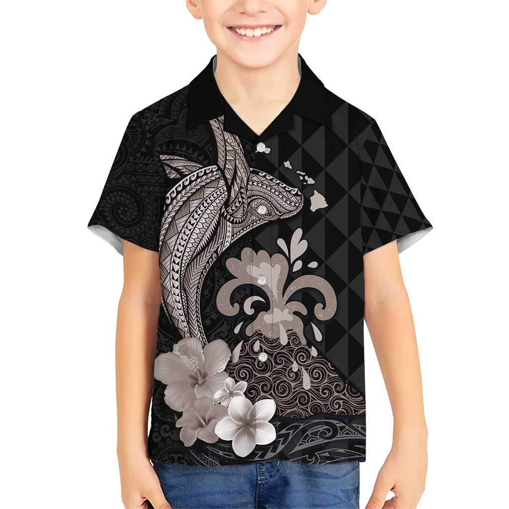 Hawaiian Whale and Volcanic Eruption Family Matching Short Sleeve Bodycon Dress and Hawaiian Shirt Hibiscus and Kakau Pattern Grayscale Color LT03 Son's Shirt Black - Polynesian Pride