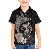 Hawaiian Whale and Volcanic Eruption Family Matching Short Sleeve Bodycon Dress and Hawaiian Shirt Hibiscus and Kakau Pattern Grayscale Color LT03 Son's Shirt Black - Polynesian Pride
