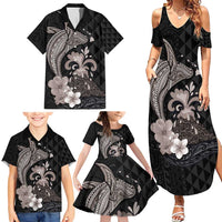 Hawaiian Whale and Volcanic Eruption Family Matching Summer Maxi Dress and Hawaiian Shirt Hibiscus and Kakau Pattern Grayscale Color