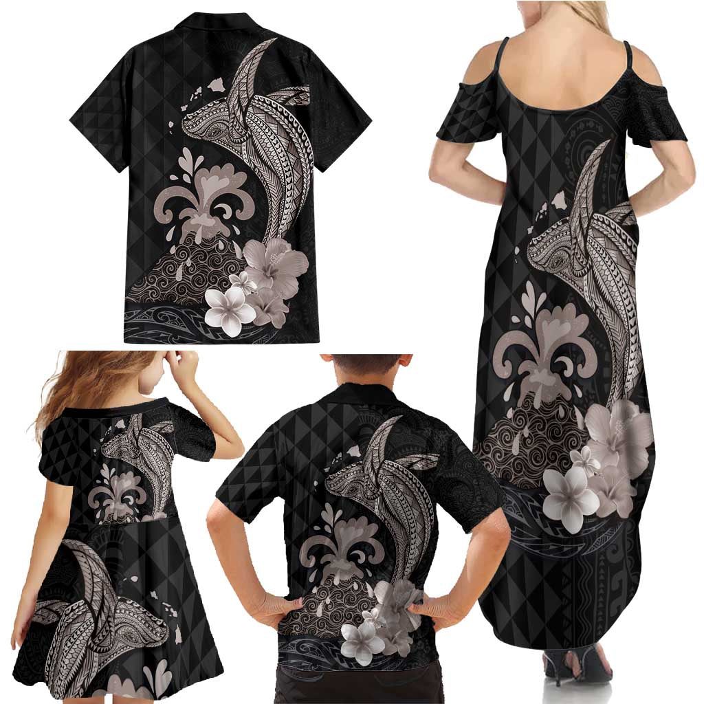 Hawaiian Whale and Volcanic Eruption Family Matching Summer Maxi Dress and Hawaiian Shirt Hibiscus and Kakau Pattern Grayscale Color