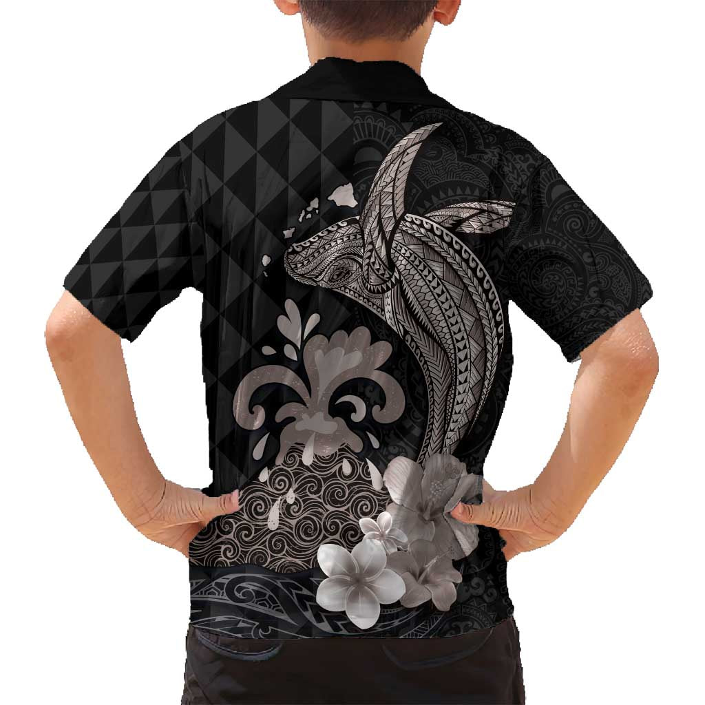 Hawaiian Whale and Volcanic Eruption Family Matching Tank Maxi Dress and Hawaiian Shirt Hibiscus and Kakau Pattern Grayscale Color LT03 - Polynesian Pride