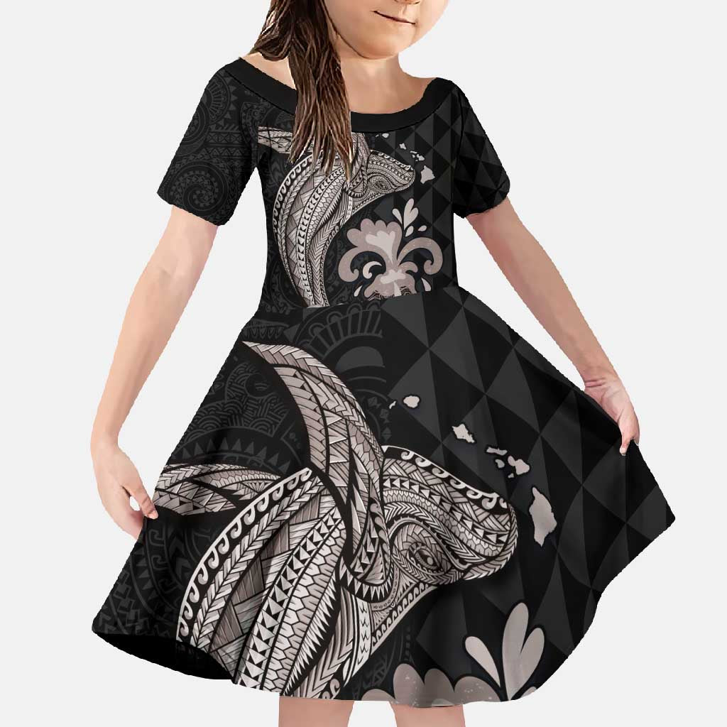 Hawaiian Whale and Volcanic Eruption Family Matching Tank Maxi Dress and Hawaiian Shirt Hibiscus and Kakau Pattern Grayscale Color LT03 Daughter's Dress Black - Polynesian Pride