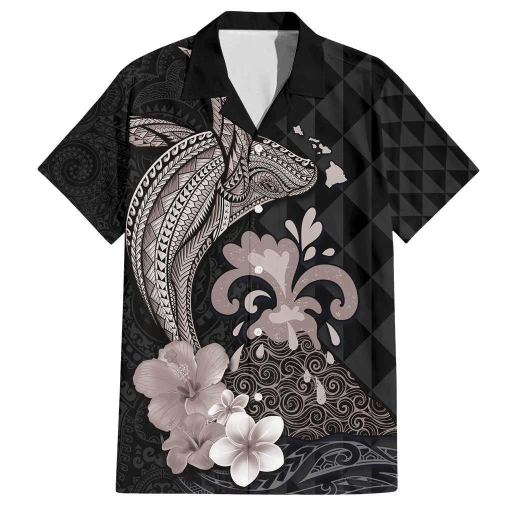 Hawaiian Whale and Volcanic Eruption Family Matching Tank Maxi Dress and Hawaiian Shirt Hibiscus and Kakau Pattern Grayscale Color LT03 Dad's Shirt - Short Sleeve Black - Polynesian Pride