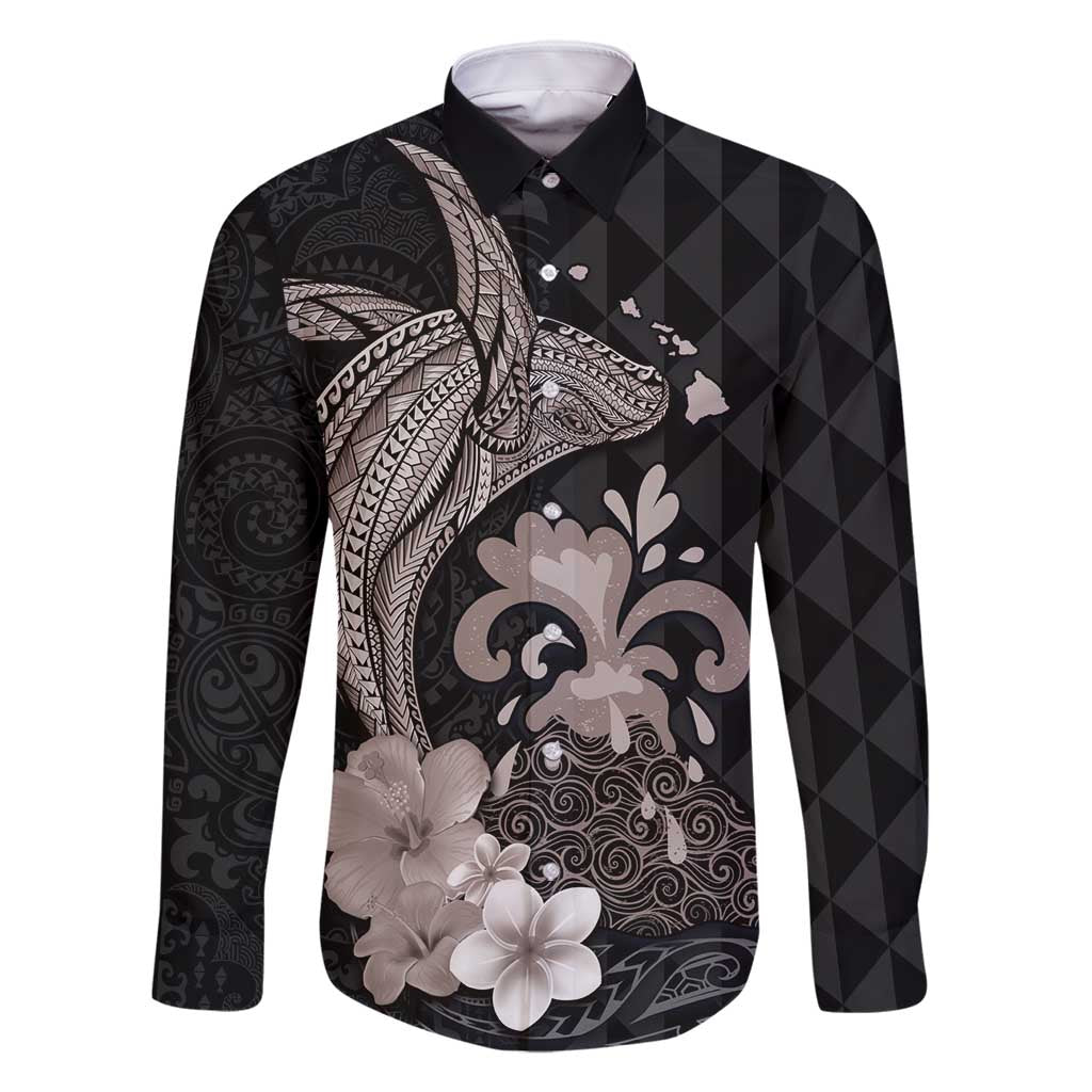 Hawaiian Whale and Volcanic Eruption Family Matching Tank Maxi Dress and Hawaiian Shirt Hibiscus and Kakau Pattern Grayscale Color LT03 Dad's Shirt - Long Sleeve Black - Polynesian Pride