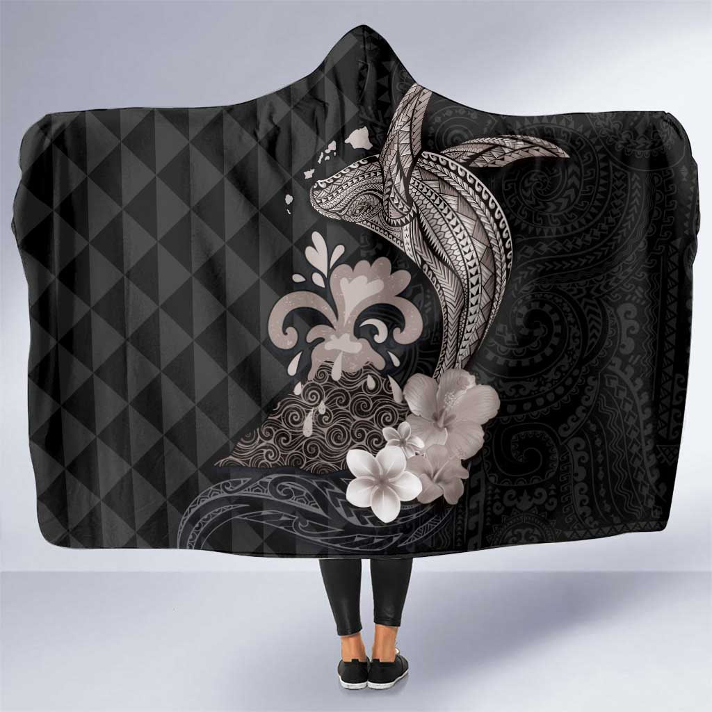 Hawaiian Whale and Volcanic Eruption Hooded Blanket Hibiscus and Kakau Pattern Grayscale Color LT03 One Size Black - Polynesian Pride