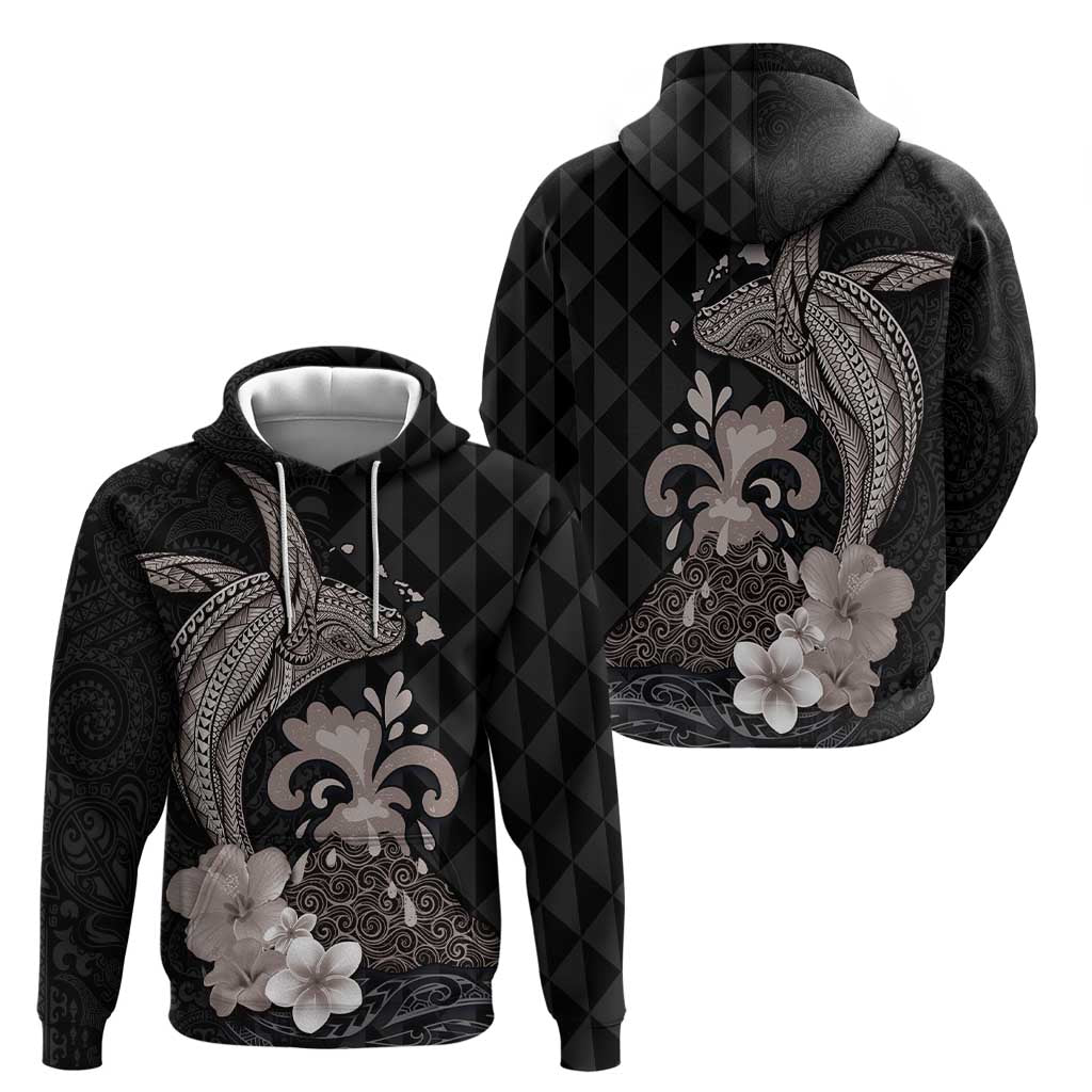 Hawaiian Whale and Volcanic Eruption Hoodie Hibiscus and Kakau Pattern Grayscale Color