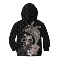 Hawaiian Whale and Volcanic Eruption Kid Hoodie Hibiscus and Kakau Pattern Grayscale Color