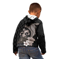 Hawaiian Whale and Volcanic Eruption Kid Hoodie Hibiscus and Kakau Pattern Grayscale Color
