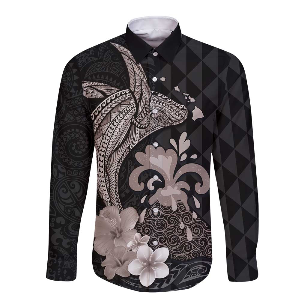 Hawaiian Whale and Volcanic Eruption Long Sleeve Button Shirt Hibiscus and Kakau Pattern Grayscale Color LT03 Unisex Black - Polynesian Pride