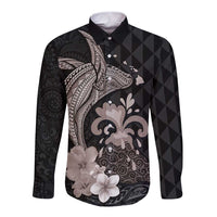Hawaiian Whale and Volcanic Eruption Long Sleeve Button Shirt Hibiscus and Kakau Pattern Grayscale Color LT03 Unisex Black - Polynesian Pride