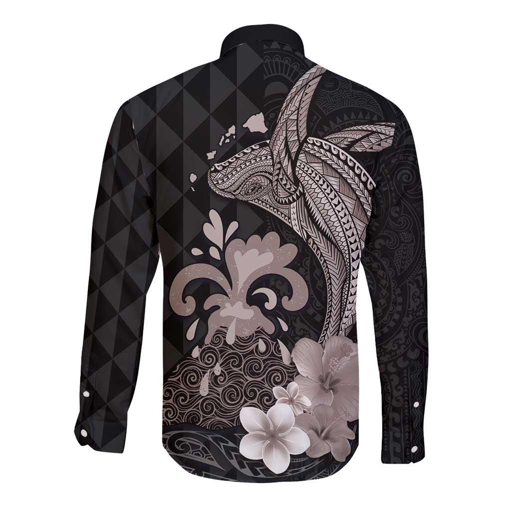 Hawaiian Whale and Volcanic Eruption Long Sleeve Button Shirt Hibiscus and Kakau Pattern Grayscale Color LT03 - Polynesian Pride