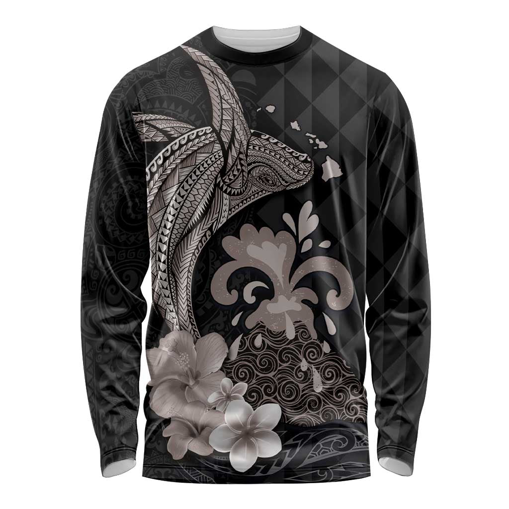 Hawaiian Whale and Volcanic Eruption Long Sleeve Shirt Hibiscus and Kakau Pattern Grayscale Color LT03 Unisex Black - Polynesian Pride