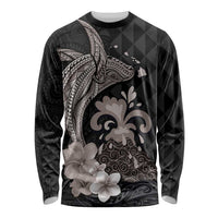 Hawaiian Whale and Volcanic Eruption Long Sleeve Shirt Hibiscus and Kakau Pattern Grayscale Color LT03 Unisex Black - Polynesian Pride