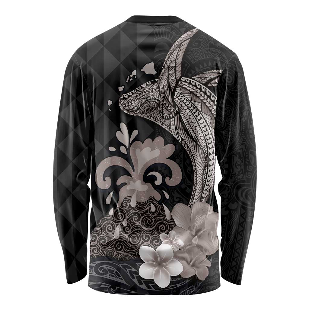 Hawaiian Whale and Volcanic Eruption Long Sleeve Shirt Hibiscus and Kakau Pattern Grayscale Color LT03 - Polynesian Pride