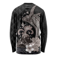 Hawaiian Whale and Volcanic Eruption Long Sleeve Shirt Hibiscus and Kakau Pattern Grayscale Color LT03 - Polynesian Pride
