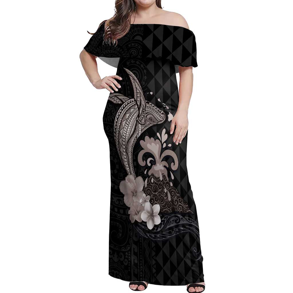 Hawaiian Whale and Volcanic Eruption Off Shoulder Maxi Dress Hibiscus and Kakau Pattern Grayscale Color