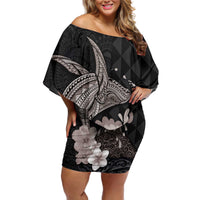 Hawaiian Whale and Volcanic Eruption Off Shoulder Short Dress Hibiscus and Kakau Pattern Grayscale Color LT03 Women Black - Polynesian Pride