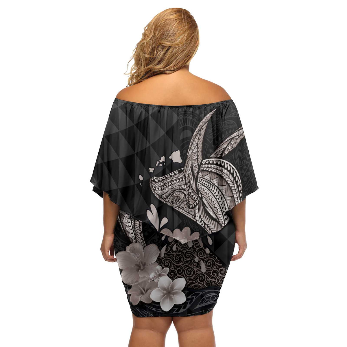 Hawaiian Whale and Volcanic Eruption Off Shoulder Short Dress Hibiscus and Kakau Pattern Grayscale Color LT03 - Polynesian Pride