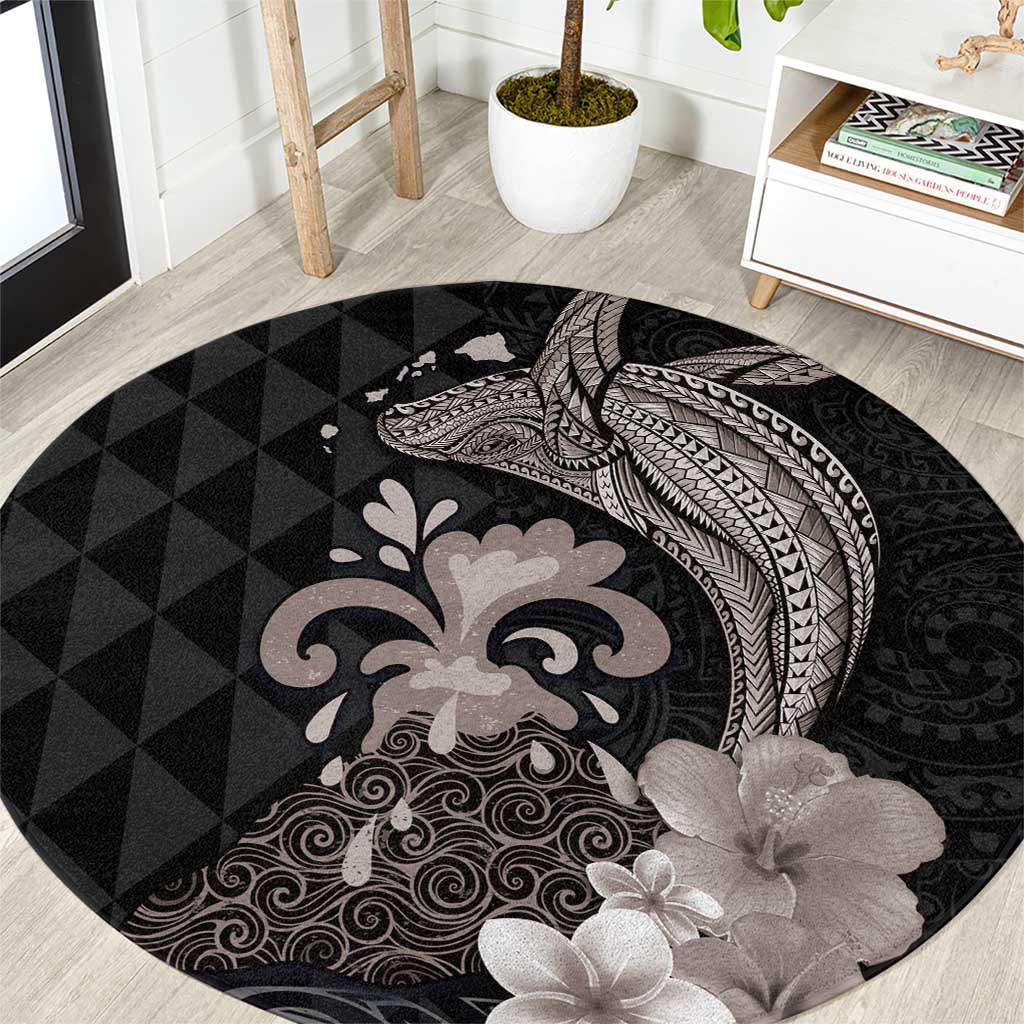 Hawaiian Whale and Volcanic Eruption Round Carpet Hibiscus and Kakau Pattern Grayscale Color LT03 Black - Polynesian Pride