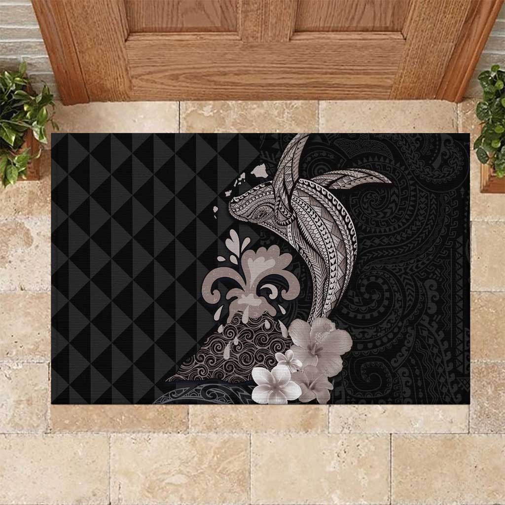Hawaiian Whale and Volcanic Eruption Rubber Doormat Hibiscus and Kakau Pattern Grayscale Color