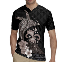 Hawaiian Whale and Volcanic Eruption Rugby Jersey Hibiscus and Kakau Pattern Grayscale Color
