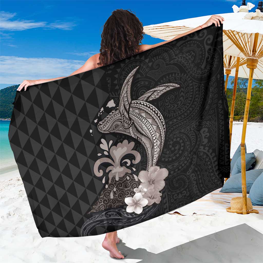 Hawaiian Whale and Volcanic Eruption Sarong Hibiscus and Kakau Pattern Grayscale Color LT03 One Size 44 x 66 inches Black - Polynesian Pride