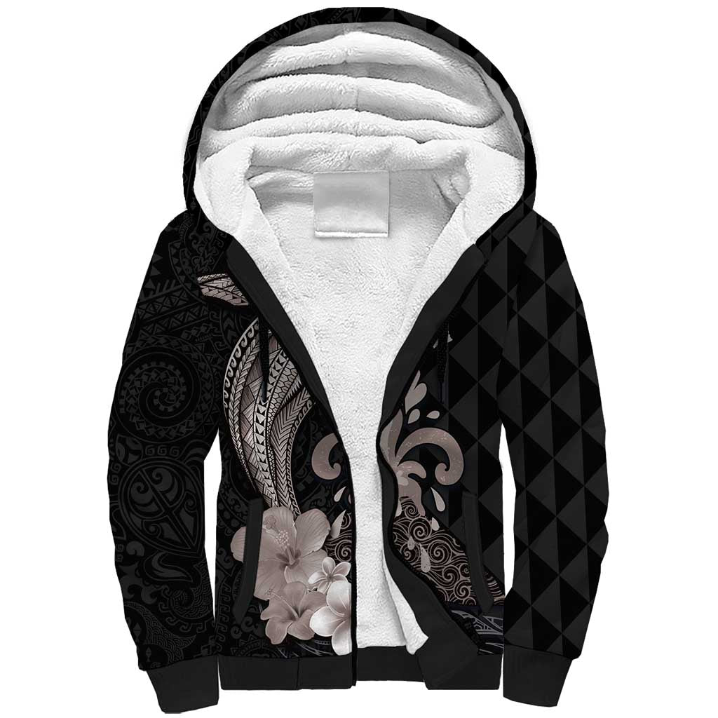 Hawaiian Whale and Volcanic Eruption Sherpa Hoodie Hibiscus and Kakau Pattern Grayscale Color LT03 Unisex Black - Polynesian Pride