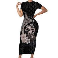 Hawaiian Whale and Volcanic Eruption Short Sleeve Bodycon Dress Hibiscus and Kakau Pattern Grayscale Color LT03 Long Dress Black - Polynesian Pride