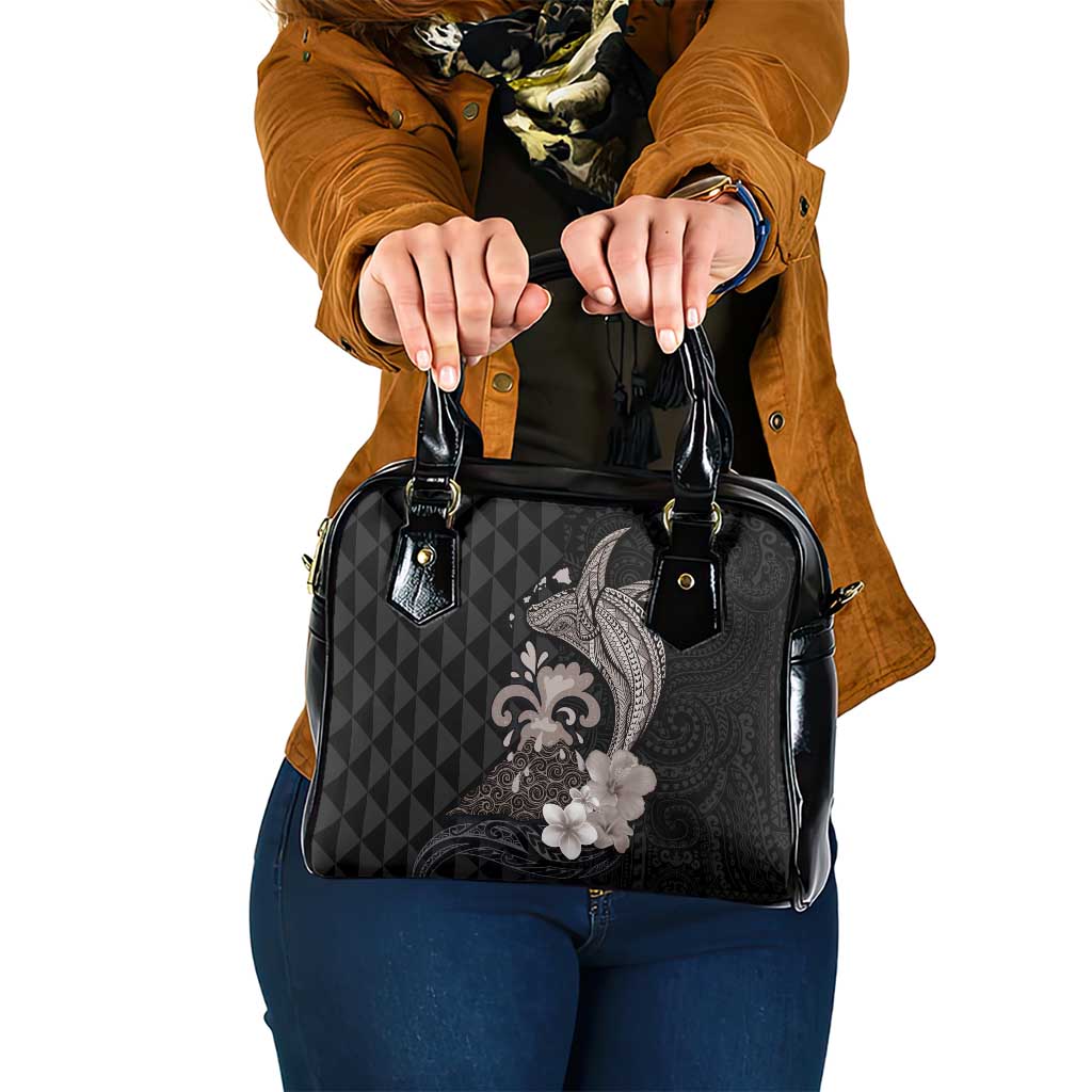 Hawaiian Whale and Volcanic Eruption Shoulder Handbag Hibiscus and Kakau Pattern Grayscale Color LT03 One Size Black - Polynesian Pride
